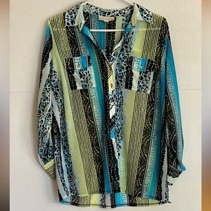 Dana Buchman L Womens Blouse‎ Top Aqua Black Lime L/S Pockets Lightweight Collar